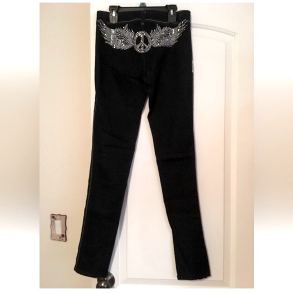 Kan Can Dark Wash Jeans Embellished With Peace Sign & Wings Size 7